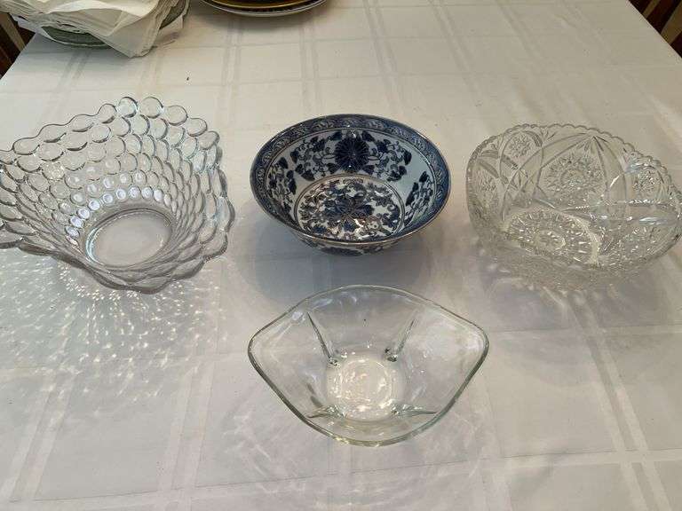Thousand Eye Westmoreland Glass Wavy Edged Bubble Bowl, Vintage Asian-themed Old Time Pottery Bowl, clear glass footed candy dish and ￼vintage pressed glass bowl image