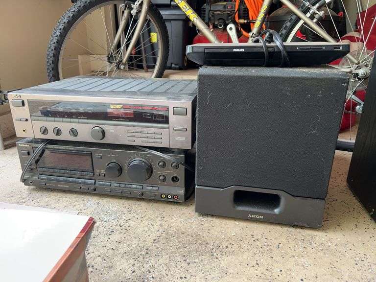 Various makers stereo equipment, Blue Ray player and Sony bass speaker….none are tested…..also includes ION turntable image