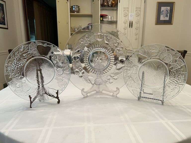 (3) pressed glass fruit-themed serving platters…..(2) are 10-1/2”D and (1) is 14”D image