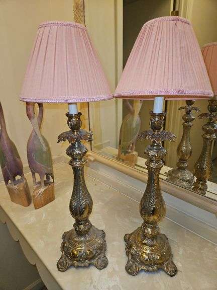 Pair of brass lamps that have been converted to use battery powered candlelight... image