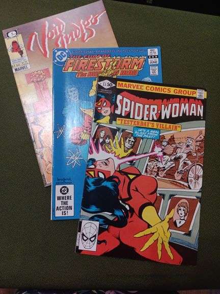 Set of 3 comics, good condition have been kept in sleeves. Void Indigo Number one, Spiderwoman number thirty three and The Fury of Firestorm number thirteen image