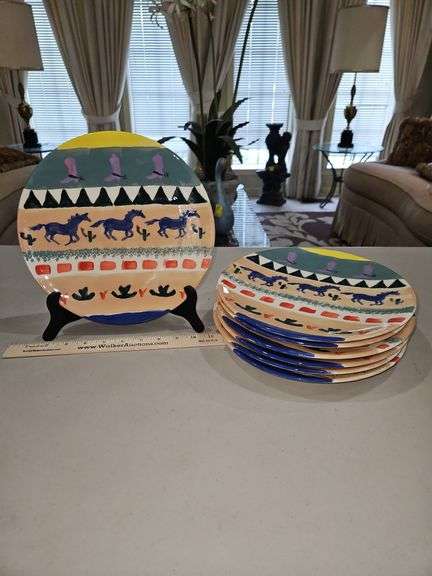 Set of seven(7) vintage 10.25" ceramic hand painted plates w/western motif... image