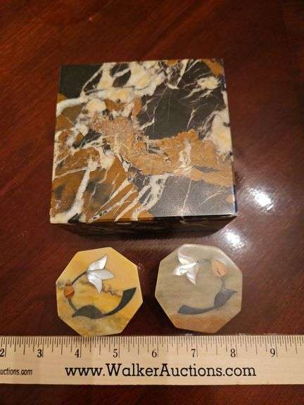 Gorgeous square marble trinket box & two(2) small marble trinket boxes w/inlaid Mother of Pearl... image