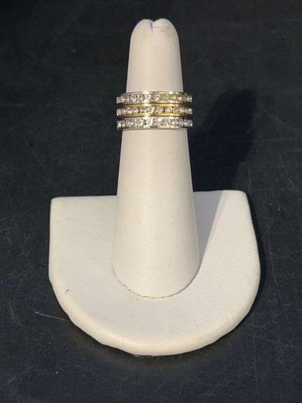 Great looking 3-piece set of stackable rhinestone bands….2 are silver tone and 1 is gold tone…..size 5 image