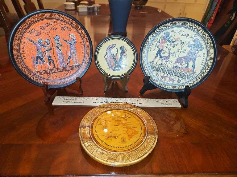 Three(3) clay & one(1) wooden collector plates STANDS NOT INCLUDED... image