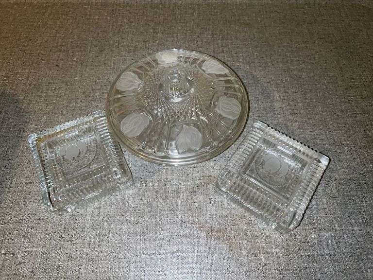 Grouping of (3) clear glass lidded pieces…..2 matching square trinket dishes with etched bottom bolls and an etched rose candy dish image