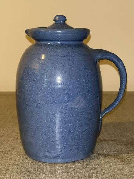 Blue stoneware syrup pitcher……8-1/2” tall image