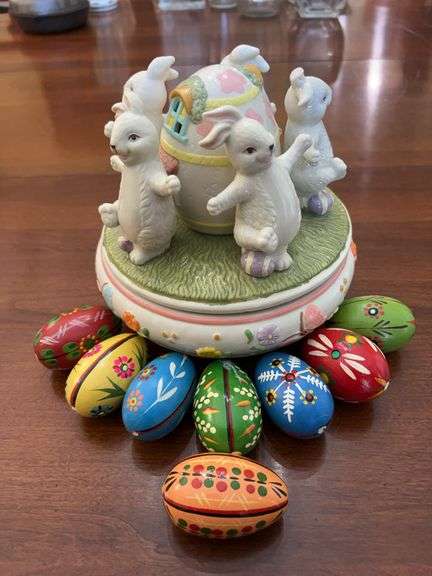 Fun & Festive Easter decor…..ceramic musical rabbits (working) and set of 8 wooden eggs image