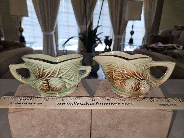 Vintage 1940s Mccoy Pottery Pinecones Creamer & Open Sugar Bowl Set in very good vintage condition... image