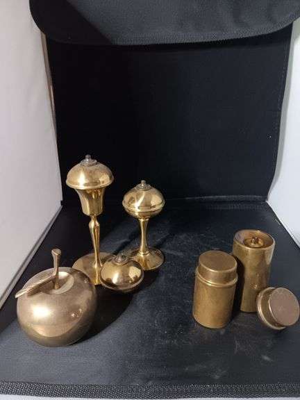 Brass apple and group of brass oil  lamps image