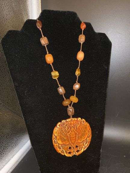 Original rare handcrafted wood butterfly pendant with glass and wood beads image
