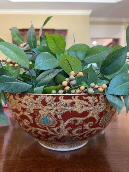 Asian-themed centerpiece bowl with artificial greenery…..12”D x 5-3/4” tall image