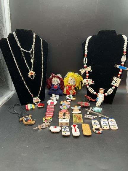 The cutest selection of teacher, nurse and school nurse jewelry…..necklace/landyards, pins, earrings, button covers (nurse hat, RX, thermometer and button) image