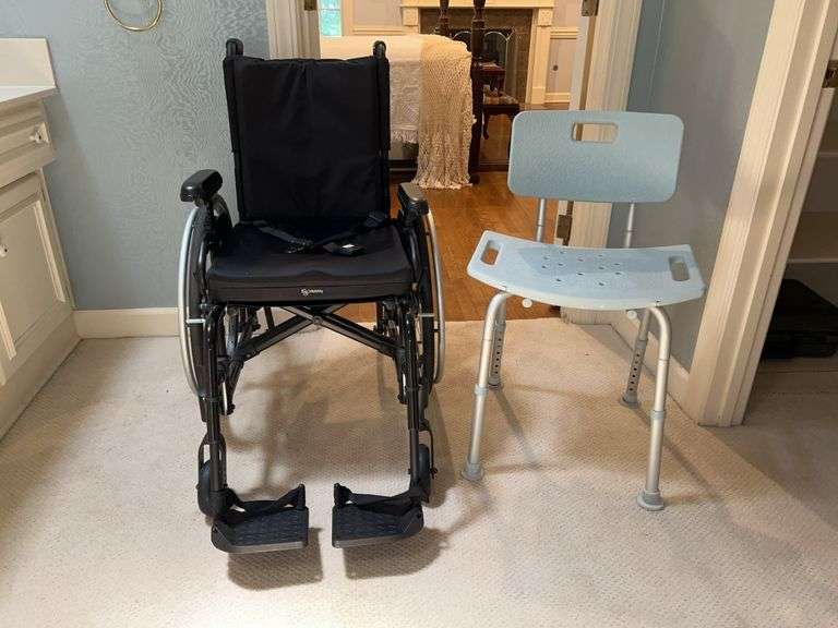 Ki Mobility Catalyst 5 Folding Wheelchair with Velcro cushioned seating…..also includes adjustable height shower chair image