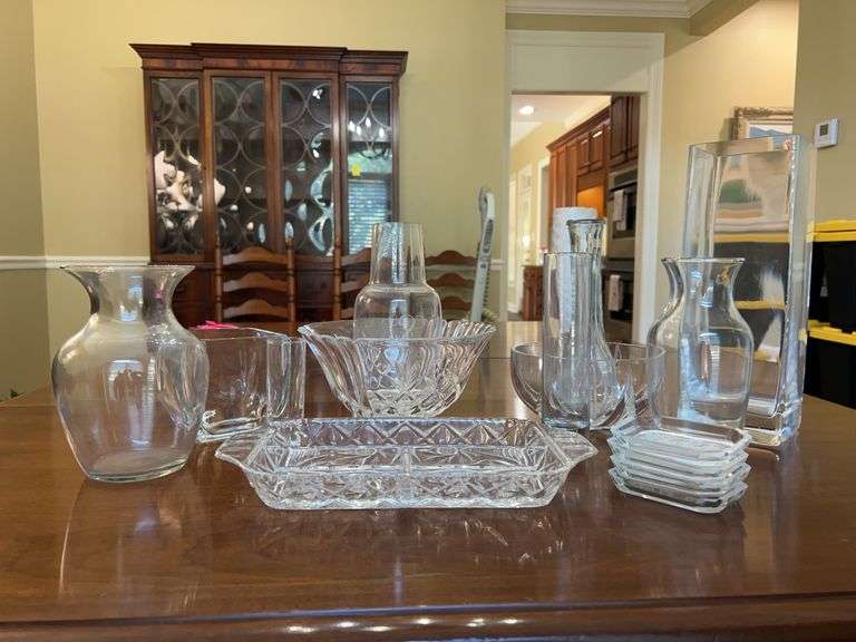 Nice selection of clear glass bowls, divided tray, vases and more…..slight chipping image