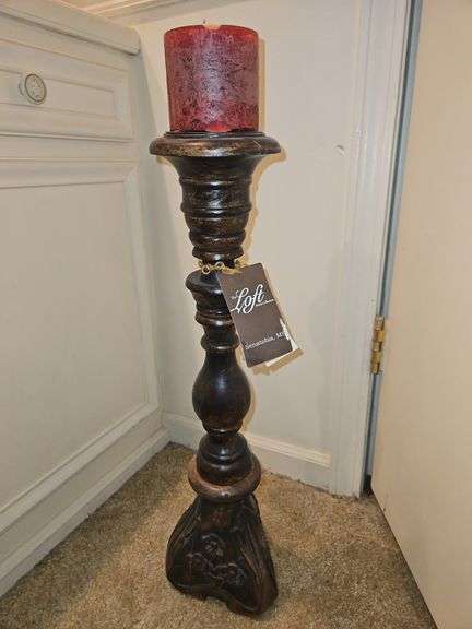 Tall 24" decorative carved wood candle holder... image