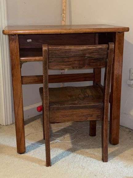 Vintage oak child’s wooden desk and chair image