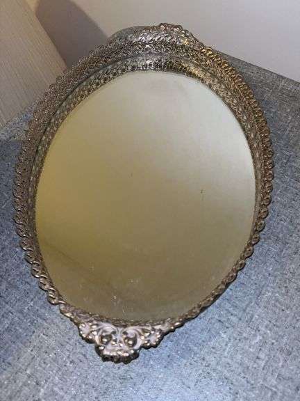 Flat Gold-Tone Oblong Vanity Dresser Tray/Mirror……18 x 11….. image