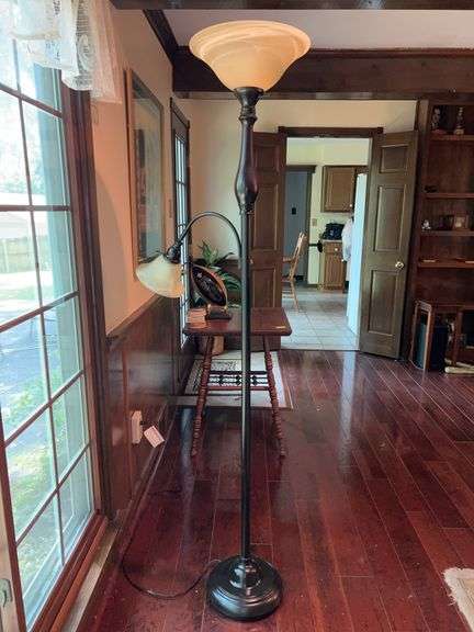Elegant 2-Light Mother Daughter Style Floor Lamp with White Marble-look Glass Shades…..working condition image