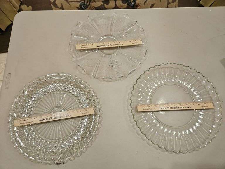 Three(3) large vintage 14" round glass serving platters all in excellent vintage condition... image