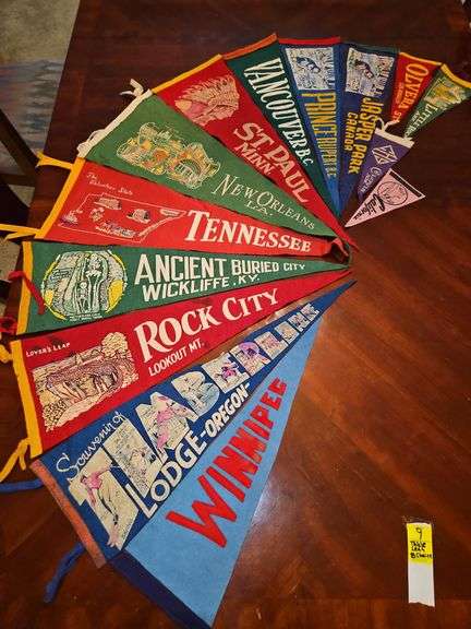 Collection of vintage felt pennants & Table of decor items TABLE NOT INCLUDED... image
