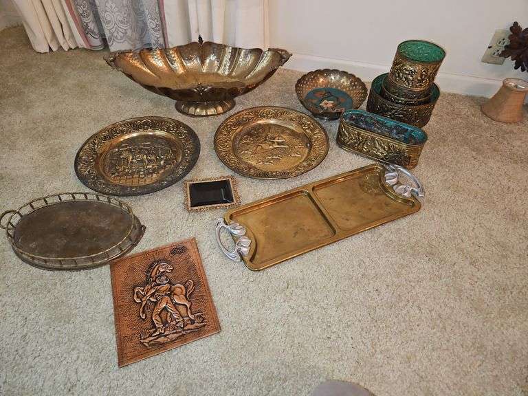 Group of brass decor items & a copper relief picture from Chile... image