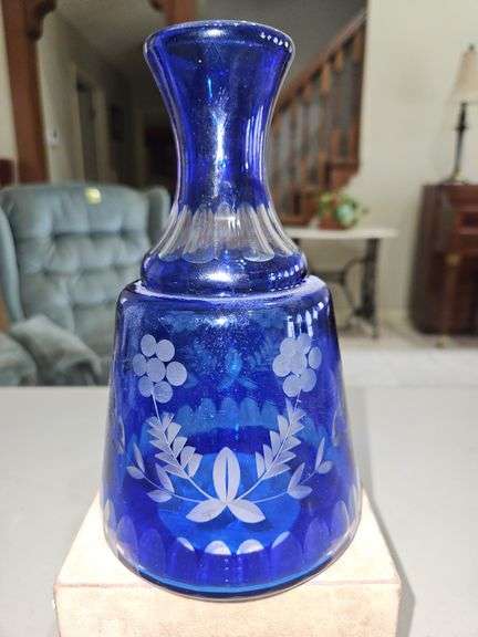 Vintage 1960s Hollywood Regency Bohemian Czech Deep Cobalt Blue Cut to Clear Glass Crystal 7" Decanter/Carafe/Vase in excellent vintage condition. image