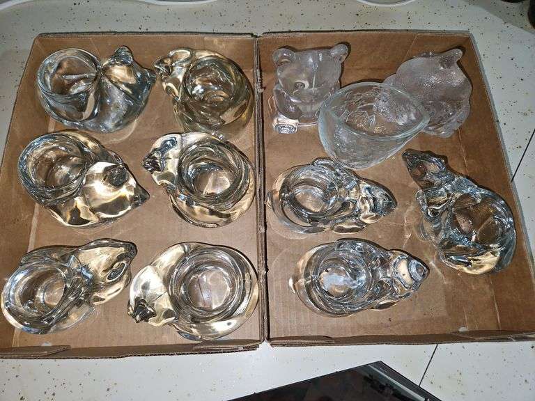 Collection of heavy glass cat, rabbit, bear, & dolphin candle holders... image
