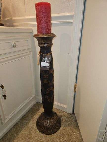 Tall 30" decorative carved wood candle holder... image