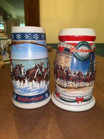 Pair of Budweiser Holiday Collector Steins…..”Lighting The Way” from 1995 and “Holiday at the Capitol” from 2001 image
