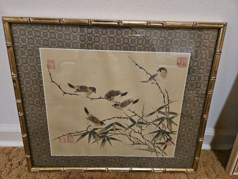 Vintage MCM framed 1825x15.25 Chinese Birds on Bamboo Painting on Silk... image