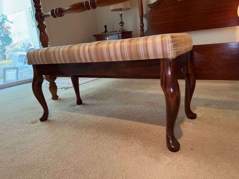 Queen Anne style bench with neutral striped upholstery image