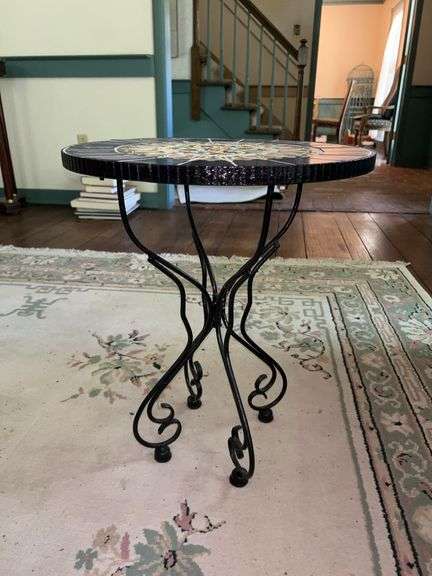 Mosaic tile top plant stand with scroll work wrought iron base…..15-3/4”D x 19-1/4” tall image