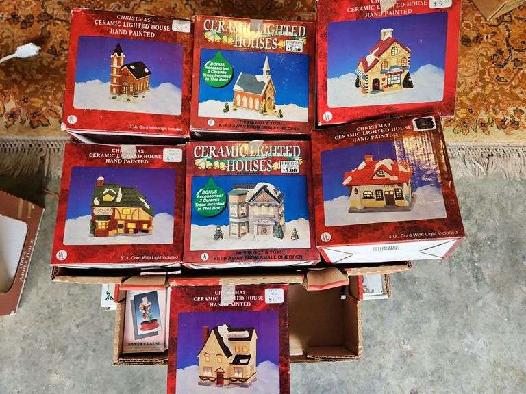 Group of seven(7) vintage Christmas ceramic lighted hand-painted houses... image