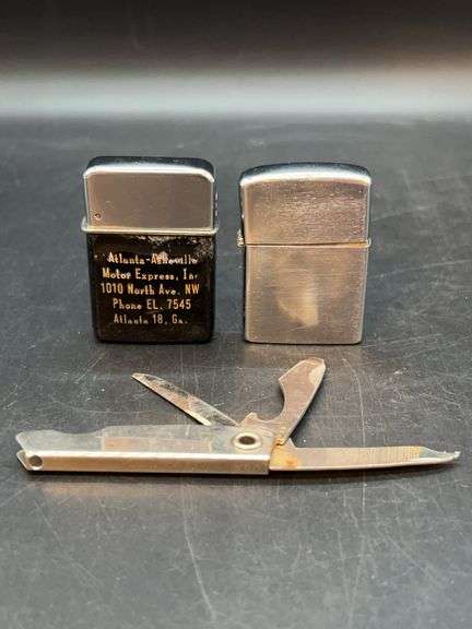 2 unmarked lighters and utility knife…..left is advertising for Atlanta-Asheville Motor Express, Inc. image