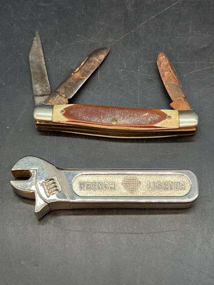 Novelty crescent wrench lighter and an Old Timer 3-blade knife that needs TLC image