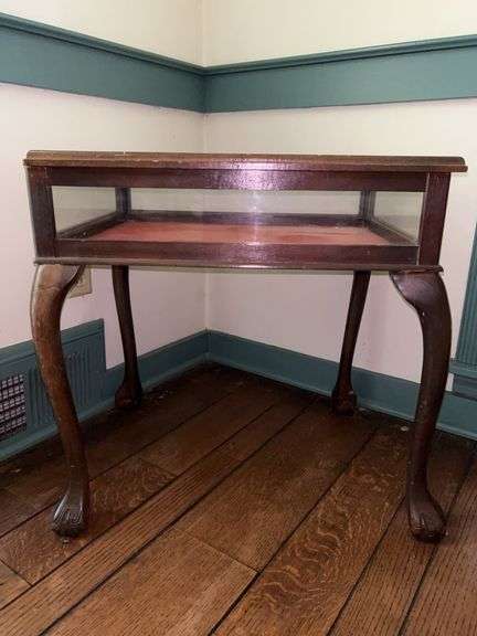 Vintage ball and claw feet lift top display table with velvet lined bottom…..23 x 18 x 24 tall image