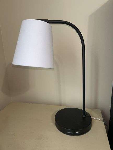 Black metal task lamp with cloth shade and USB port…..18” tall image