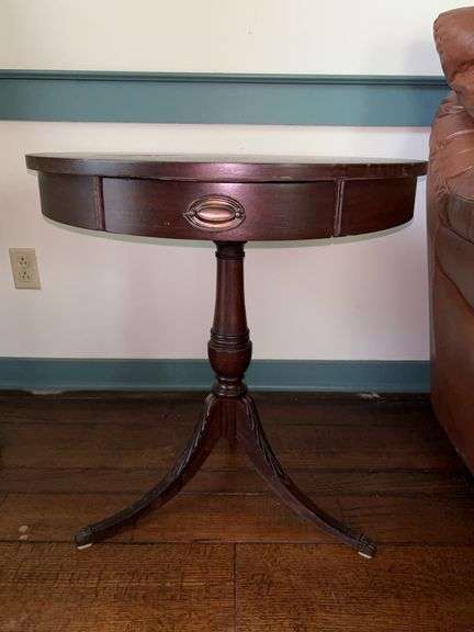 Vintage Mersman single drawer round side table…..24”D x 26-1/2” tall…..blemished on top image