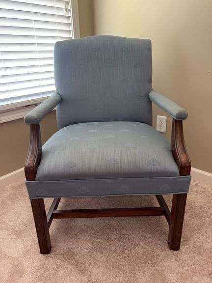 Pair of Chippendale-style Mahogany Upholstered Arm Chair…..25 x 20 x 19 to seat (36 tall overall)…..arms show wear from normal use and one has staining and needs cleaning (see all pics) image
