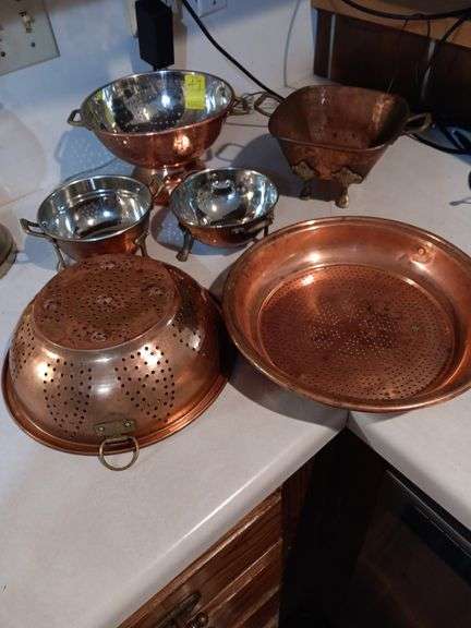 6 copper pots, strainers image