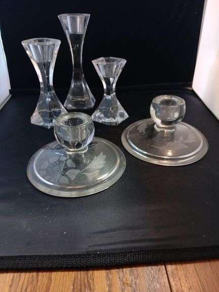 Two sets of candle holders, 1 Villeroy & Boch-set of 3 and 2 vintage embossed..see photos image