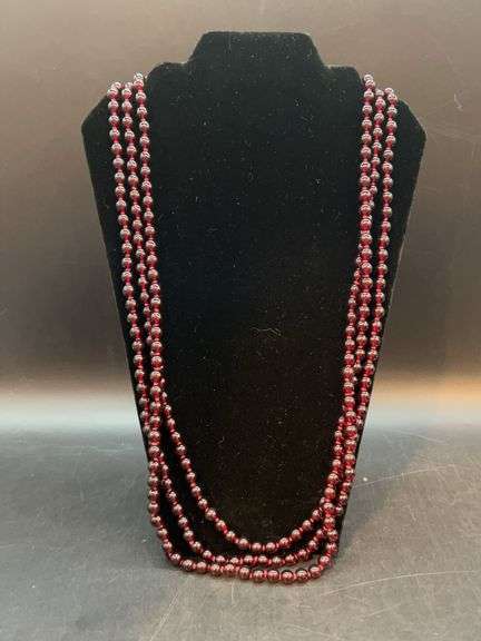 Spectacular triple strand of deep red glass bead necklace with jeweled clasp image