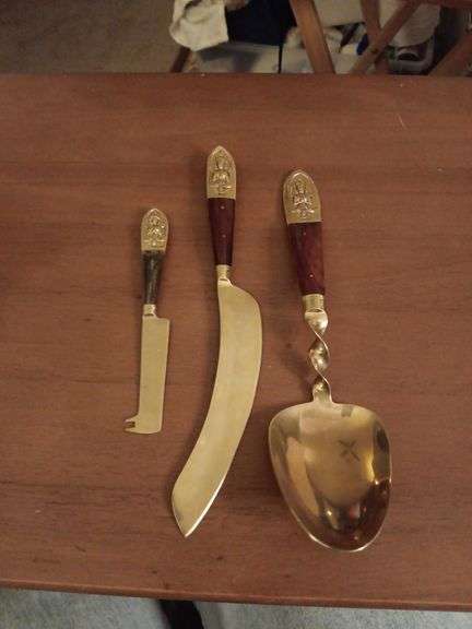 Vintage Siam 2pc brass-Buddha serving set w/wood handles and E Thailand 6" brass Cheese pick. See description image