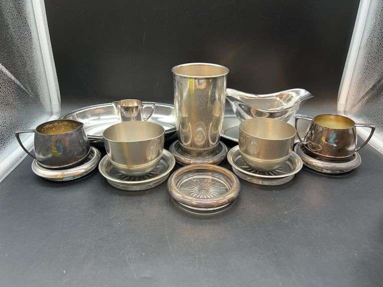 Very nice silverplate collection…..2 smaller center left and right are reproduction Jefferson Cups from Stieff Pewter (one is bent out of shape) image