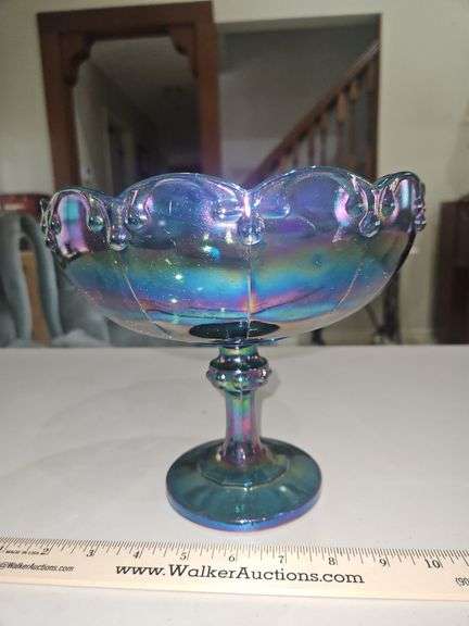 Vintage 1970s 8.5x7.5 h Indiana Glass Blue Carnival Glass Chalice Bowl/Fruit Bowl in excellent vintage condition... image