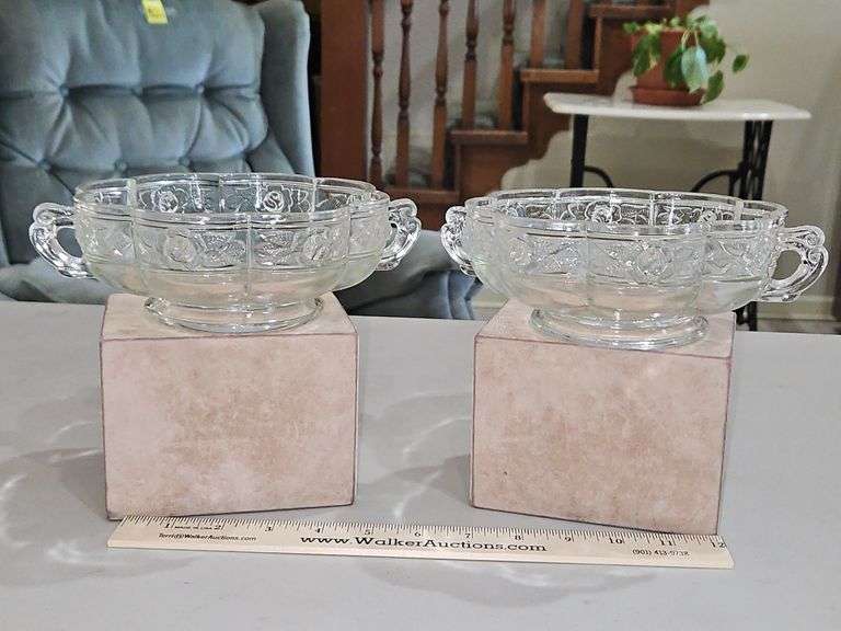 Pair of Vintage Jeanette Glass Aztec Rose Bowls w/Double Scrolled Handles in very good vintage condition... image
