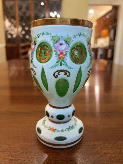 Bohemian Handpainted Cut to Clear Art Glass Vase…..7” tall image