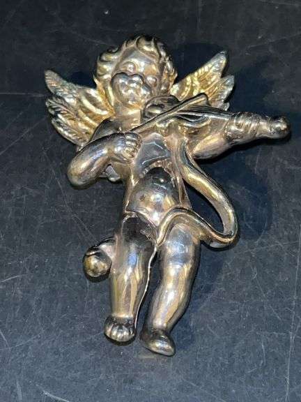 Sterling Silver & Gilt Winged Cherub Playing the Violin Brooch…..3”….37 grams image