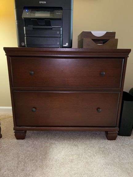 Very nice mahogany finish 2-drawer filing cabinet…..35-1/2 x 19 x 31 tall…..OTHER CONTENTS NOT INCLUDED image